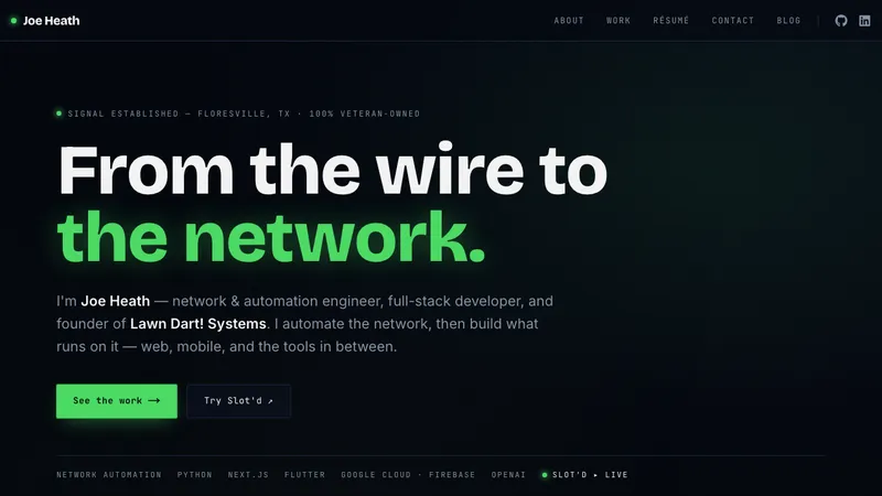 The joeheath.com home page, headlined "From the wire to the network."