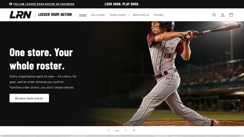 The Locker Room Nation storefront, headlined "One store. Your whole roster." over a photo of a youth baseball player mid-swing.